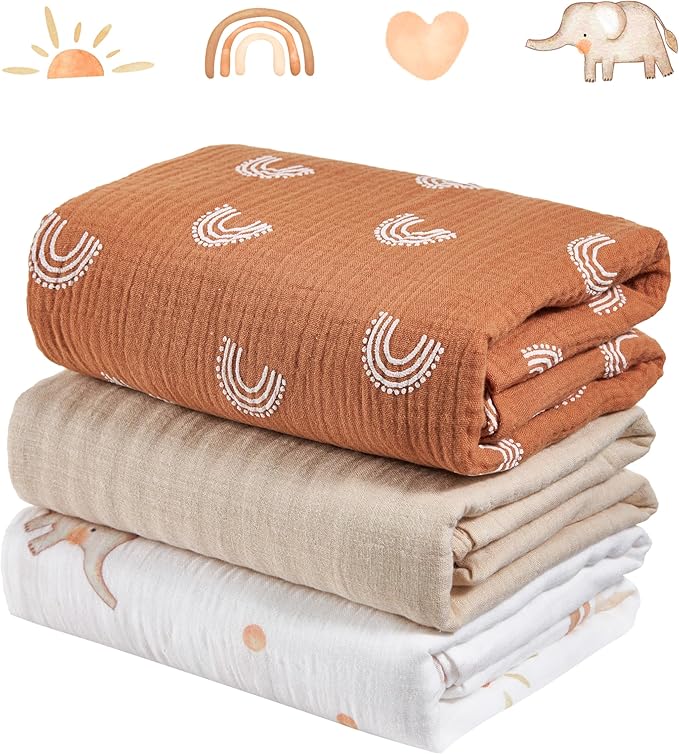 3-Pack 100% Cotton Muslin Swaddle Blankets, Large 47 x 47 Inches — Breathable Soft Receiving Blankets for Newborns, Swaddling Wraps, Registry Gift (Rainbow Elephant Safari)