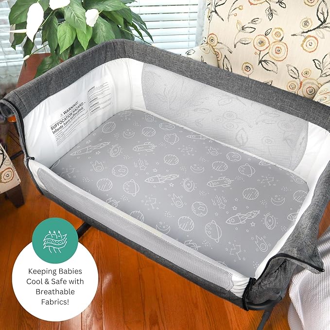 Bassinet Sheets for Baby Delight Beside Me Dreamer, Ronbei, HARPPA, Jimglo, Whiffee by TansyPanda, MUHDUH, 3PC, 33x20 in, Ultra Soft, Breathable Snug Fit, Unisex Boys Girls, Gray White (Space)