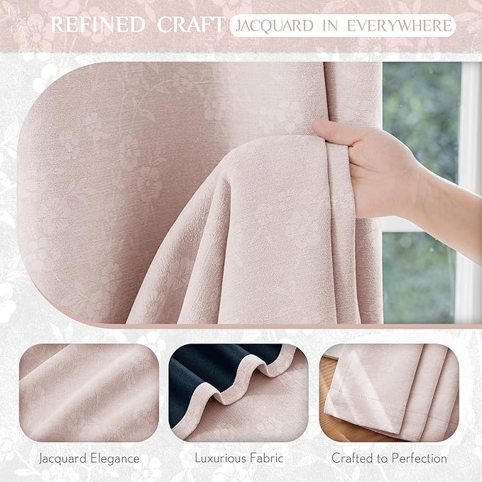 Beauoop Pink Floral Jacquard Blackout Curtains 84 Inches Long 2 Panels for Living Room Bedroom Chenille Flower Room Darkening Thermal Insulated Soundproof Grommet Window Drapes, 52x84 Set of 2