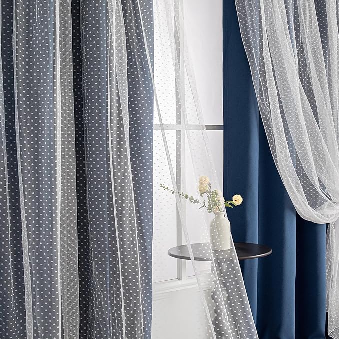 MYSKY HOME Navy Blue Blackout Curtains for Girls Bedroom & Nursery Kids Cute Curtains 63 inch Long Double Layer with Polka Dots Sheer, Grommet Tops, 52" Wide Each Panel, 2 Panels