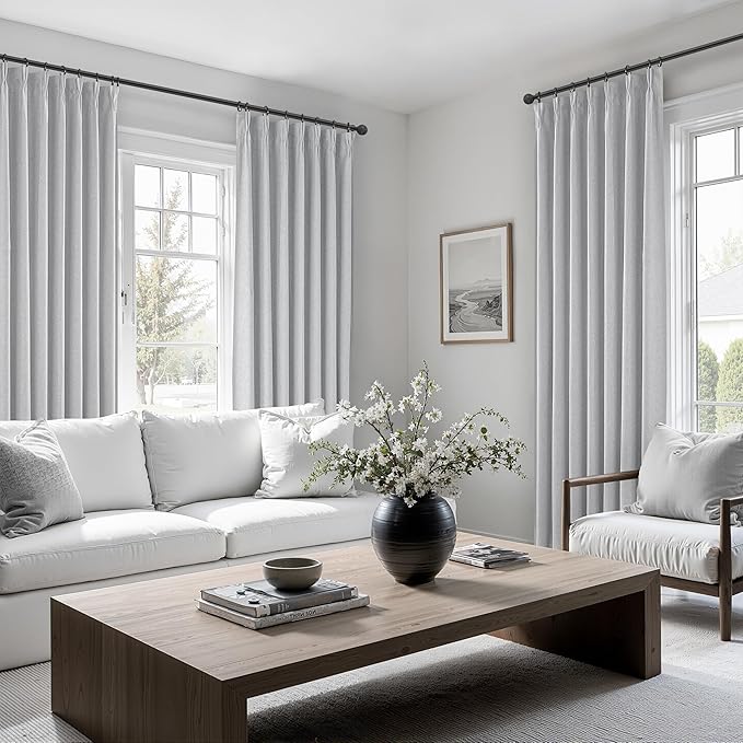 Light Grey Black Out Curtains 96 Inch Long for Living Room, Pinch Pleated Flax Linen Modern Insulated Drapes with Hooks Bedroom Curtain 2 Panels Set Soundproof Privacy Windows (40"Wx96"Lx2 Light Gray)