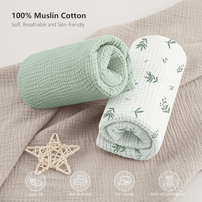 Bearmoss Muslin Crib Sheets - 100% Cotton Baby Crib Sheets Fitted for Standard Crib Mattress & Toddler Bed Mattress 52"x28" Soft Breathable Crib Sheet Neutral for Boys Girls - 2 Pack (Bamboo)