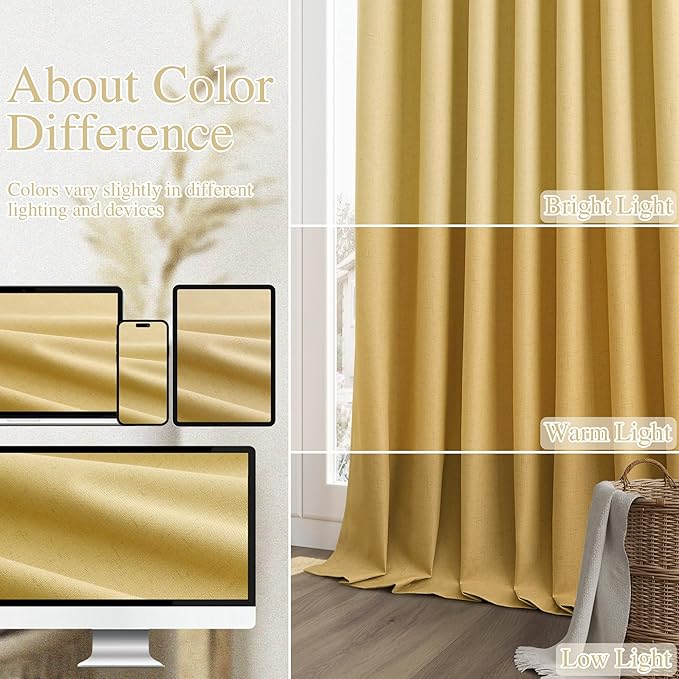 Guken 100% Blackout Curtains 84 Inch Length 2 Panels Set for Living Room Bedroom Back Tab Thermal Insulated Black Out Linen Drapes Room Darkening Window Curtains 84 Inches Long,Gold