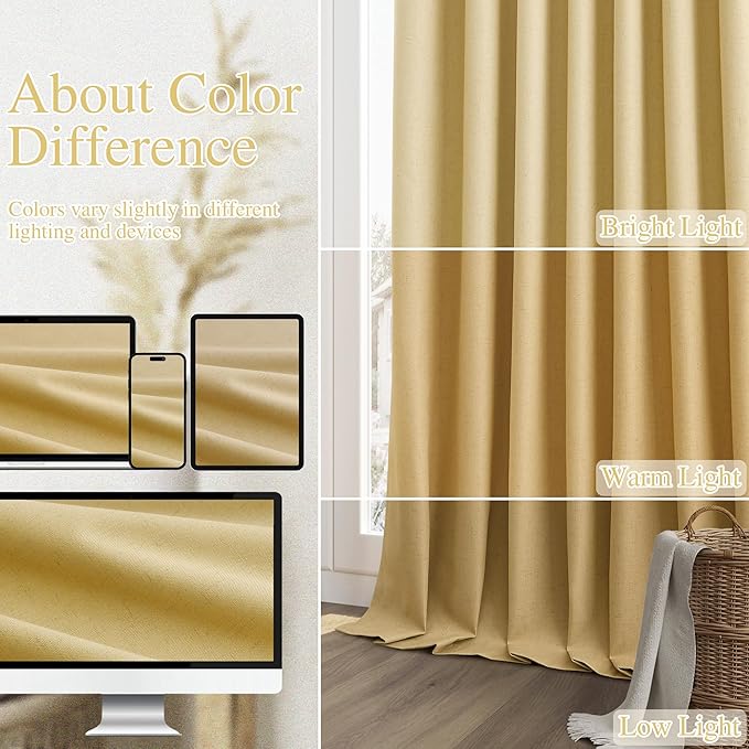 Guken 100% Blackout Curtains 96 Inch Length 2 Panels Set for Living Room Bedroom Back Tab Thermal Insulated Black Out Linen Drapes Room Darkening Window Curtains 96 Inches Long,Gold Yellow