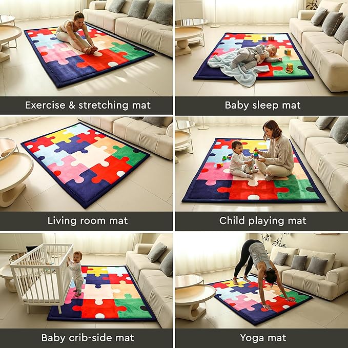 Puzzle Baby PlayMat Rug Extra Thick 3.5CM | Cloudsoft Coral Velvet Crawl Memory Foam Floor Mat | Anti-Spill | Anti-Slip | Toddlers Infants Kids Children | 60"x80" | Tummy Time | Padded Yoga Rug