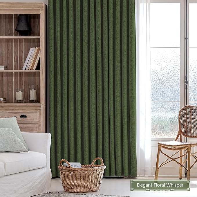 Metro Parlor Green Floral Blackout Curtains 96 Inches Long for Bedroom, Jacquard Chenille Patterned Vintage Flower Curtains for Living Room Darkening Thermal Insulated Grommet Window Drapes, 2 Panels