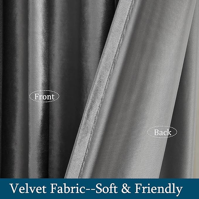 PRIMROSE Dark Grey Velvet Curtains 102 inch Long for Living Room,Set of 2 Panels Blackout Rod Pocket Back Tab Window Treatment Room Darkening Heavy Decorative Curtains Drapes for Bedroom