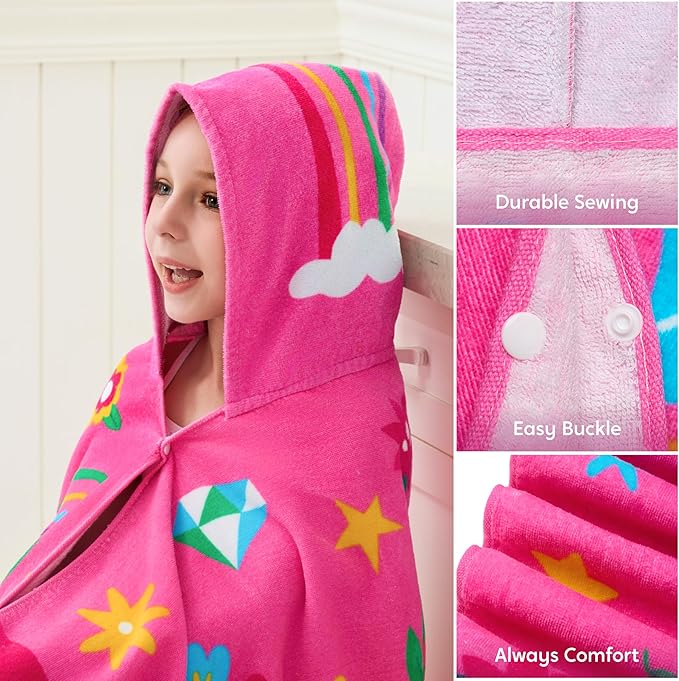 Joiedomi Hooded Towels for Kids Pink Unicorn Soft 100% Cotton Kids Beach Towel 30" x 50" for 3-10 Years Boys Girls Beach Hooded Poncho Absorbent Pool Toddler Swim Bath Wrap