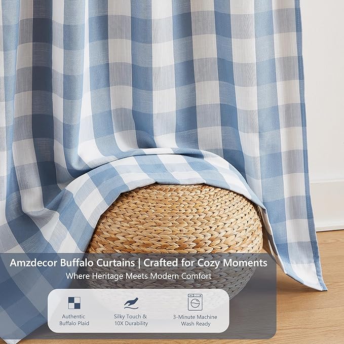 Amzdecor Buffalo Check Plaid Full Blackout Window Curtains 95 Inches Long for Bedroom Noise Reducing Total Room Darkening Grommet Drapes,Vintage Farmhouse Window Treatment,2 Panels,52"x95",Blue White
