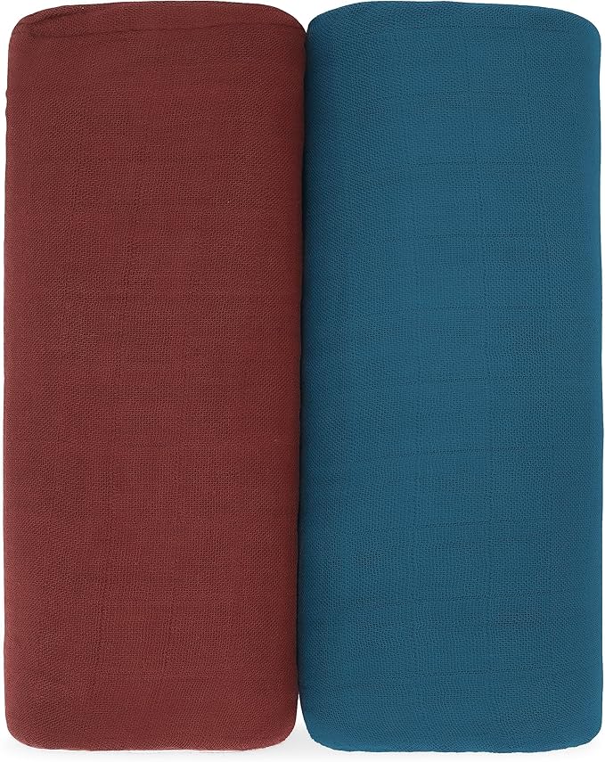 Comfy Cubs Muslin Swaddle Blankets Pack of 2, 47 x 47 Inch Soft Cotton Baby Blanket Set, Large Multipurpose Wraps for Newborns - Self-Soothing Swaddles for Newborns - Wine & Neptune