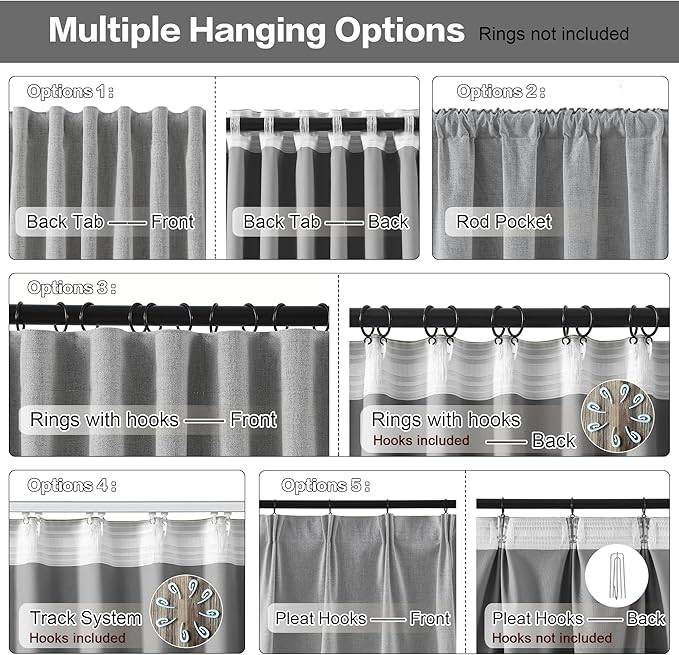 RAIN CITY Grey Linen Blackout Curtains 96 Inches Long,100% Light Blocking Textured Curtains for Bedroom Living Room Thermal Back Tab Rod Pocket Curtains 2 Panels with Hooks 50 x 96