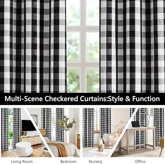 Amzdecor Buffalo Check Plaid Full Blackout Window Curtains 95 Inches Long for Bedroom Noise Reducing Total Room Darkening Grommet Drapes,Vintage Farmhouse Window Treatment,2 Panels,52"x95",Black White