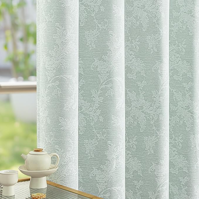 FMFUNCTEX Sage Green Floral Jacquard Blackout Curtains 108 Inches Long for Bedroom, Scroll Flower Chenille Farmhouse Curtains for Living Room Darkening Thermal Insulated Window Drapes 2 Panels