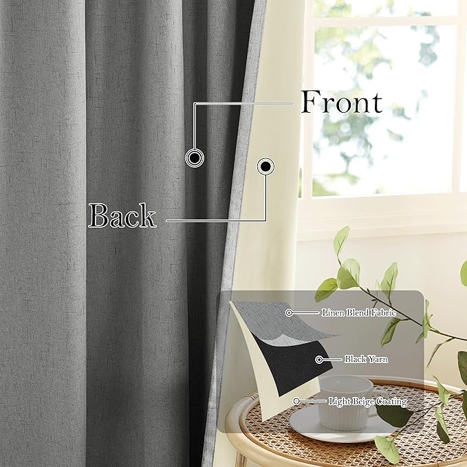 RYB HOME Grey Linen Blackout Curtains for Sliding Glass Door, 100% Blackout Linen Textured Thermal Privacy Modern Drape Panels for Dining Room Large Window, 52" W x 108" L, 2 Panels Set