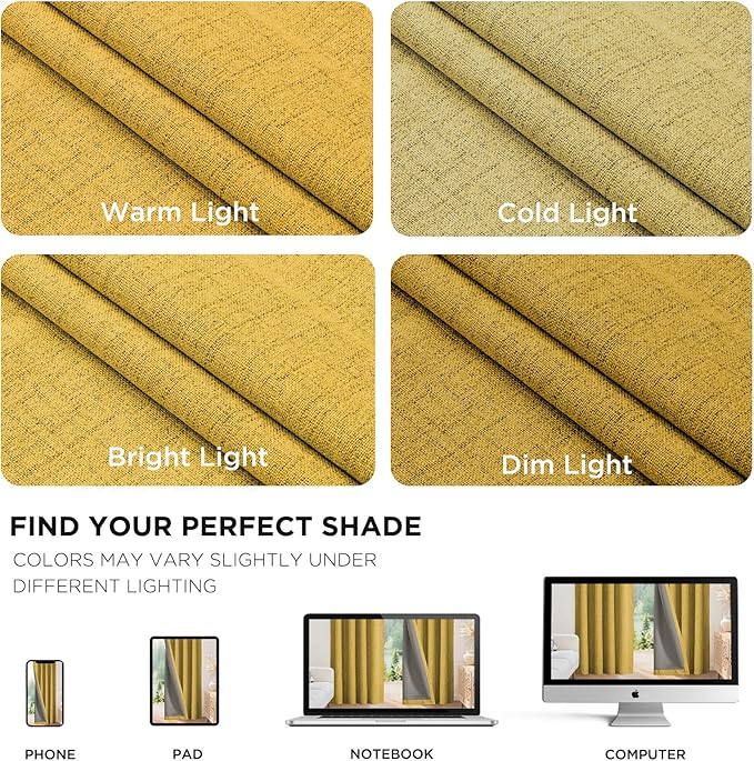 Joydeco Blackout Curtains for Bedroom - 100% Light Blocking 2 Panels Set Yellow Drapes 37" W x 72" L, Thermal Insulated Room Darkening Curtains, Linen Textured for Living Room, Rod Pocket & Back Tabs