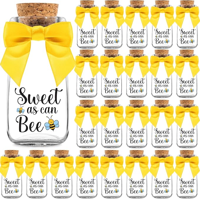 Ethisa Small 24 Pack Bee Party Favor Glass Bottles with Ribbons and Stickers - Baby Shower and Birthday Souvenir for Guests and Table Centerpiece Decoration - Sweet as Can Bee Honey Themed Candy Jar