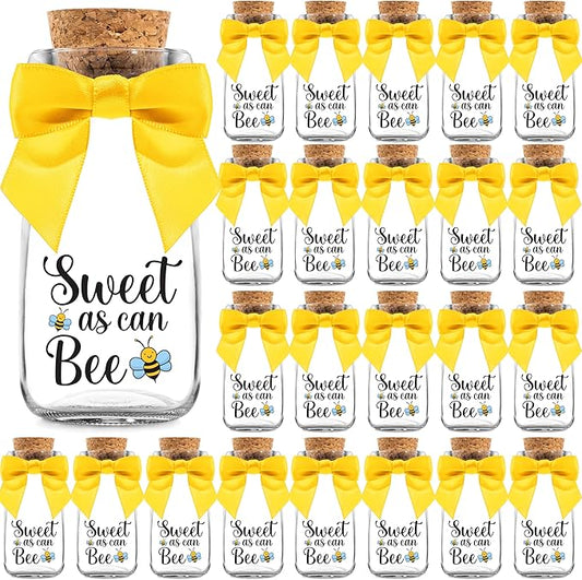 Ethisa Small 24 Pack Bee Party Favor Glass Bottles with Ribbons and Stickers - Baby Shower and Birthday Souvenir for Guests and Table Centerpiece Decoration - Sweet as Can Bee Honey Themed Candy Jar