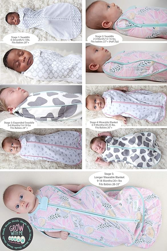 Woombie Grow with Me Air Baby Swaddle, Convertible Swaddle Fits 0-9 Months, Expands to Wearable Blanket for up to 18 Months, Mod Roses