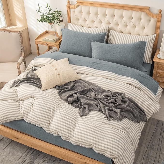 PURE ERA Jersey Knit 4pc Bed Sheet Set 100% T-Shirt Cotton Super Soft Comfy Breathable Fits Mattress Up to 20" Extra Deep Pocket (Heather Blueish Grey, Twin)