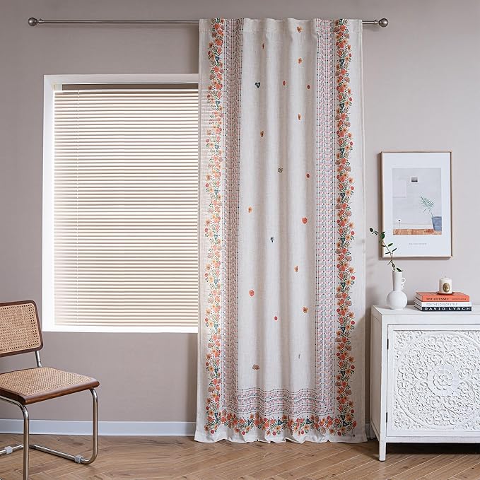 MYSKY HOME Boho Curtains for Living Room Linen Semi Sheer Floral Curtains & Drapes 84 inches Length 2 Panels Set Farmhouse Room Decor Style Back Tab for Dining Room, Yellow, 50" x 84", Pack-2