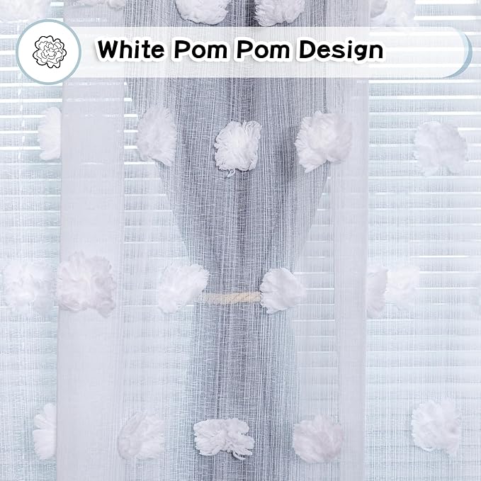 MYSKY HOME Dusty Blue Curtains for Bedroom & Kids Room - 54 Inch Long, Double Layer, White Pom Pom, Sheer, Grommet, Darkening, Small Window, 2 Panels, 52 x 54 in