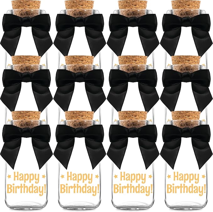 Ethisa Vintage 12 Pack Adult Birthday Party Favors Glass Bottles with Ribbons and Stickers - Classy Happy Birthday Favors and Table Centerpieces Decorations - Sturdy Candy Jar for Guests and Kids