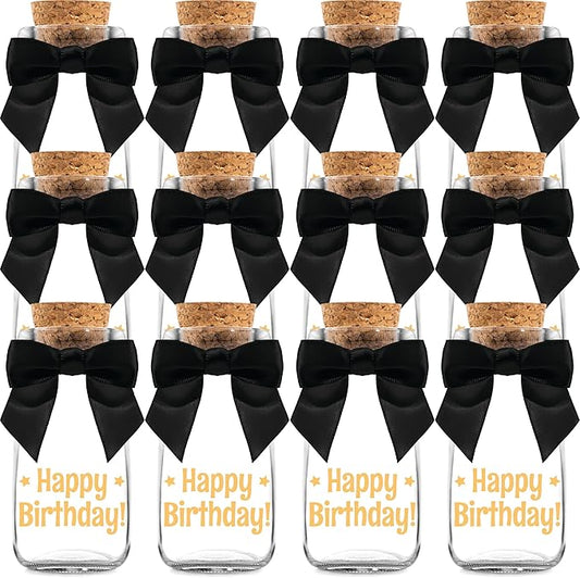 Ethisa Vintage 12 Pack Adult Birthday Party Favors Glass Bottles with Ribbons and Stickers - Classy Happy Birthday Favors and Table Centerpieces Decorations - Sturdy Candy Jar for Guests and Kids