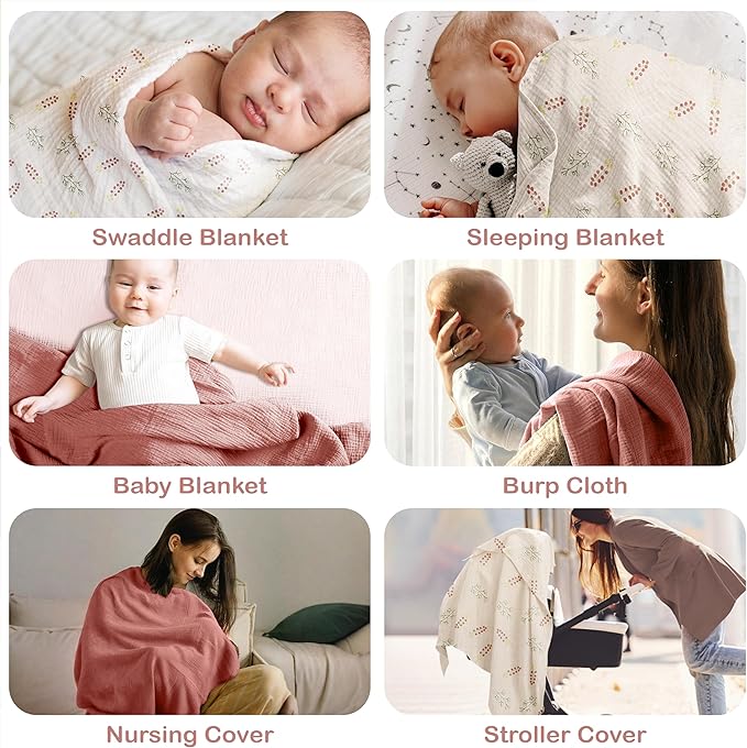 100% Organic Cotton Muslin Baby Blanket - 47x47 Inch Breathable Swaddle, Hypoallergenic Double-Layer, Versatile Use (Pink Floral, 47x47 Inch)