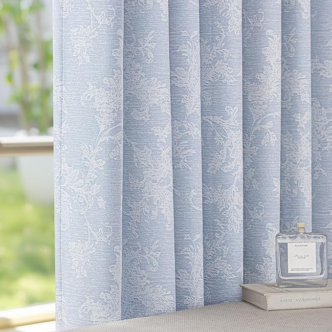 FMFUNCTEX Blue Floral Jacquard Blackout Curtains 63 Inch Length for Bedroom, Scroll Flower Chenille Farmhouse Curtains for Living Room Darkening Thermal Insulated Grommet Window Drapes 2 Panels