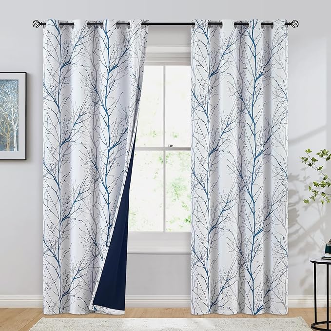 FMFUNCTEX 100% Blackout Curtains for Living Room Bedroom, Curtains 96 Inches Long Blue Grey Tree Branch Print Window Curtain Drapes, Thermal Insulated Farmhouse Curtains, Grommet Top 2 Panels