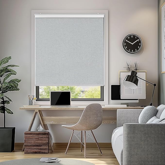 ChrisDowa Cordless 100% Blackout Roller Shade, with Striped Jacquard, Thermal Insulated, UV Protection Fabric, Total Blackout Blinds for Window, French Doors, Home and Office. Light Grey, 57"W x 72"H