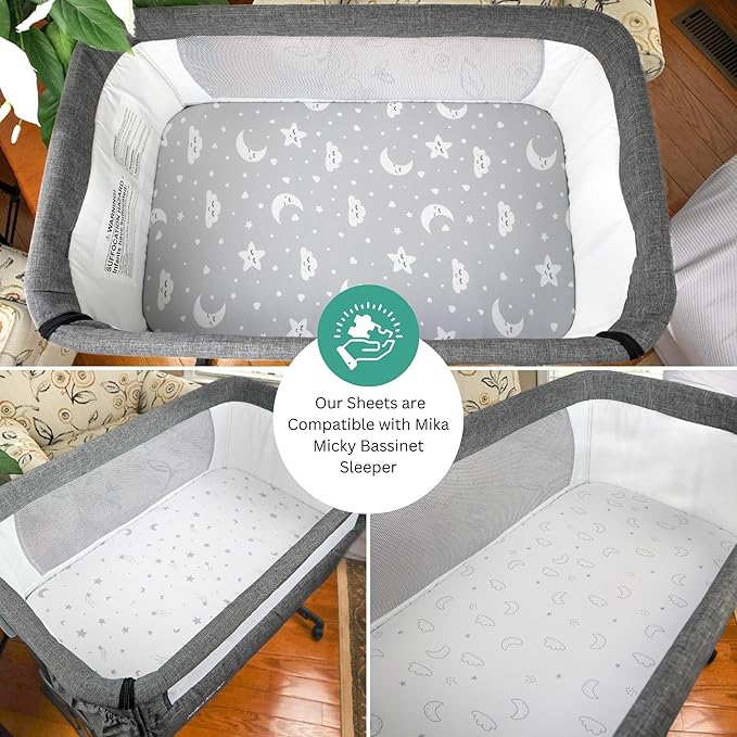 Bassinet Sheets for Mika Micky, Evolur, Larex, Taylengrow Baby, Newton Baby Bedside Sleeper by TansyPanda, 3PC, 33x20, Ultra Soft, Breathable, Snug Fit, Unisex Boys, Girls, Gray (Moon, Stars, Clouds)