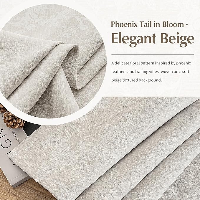 FMFUNCTEX Beige Floral Jacquard Blackout Curtains 108 Inches Long for Bedroom, Scroll Flower Chenille Farmhouse Curtains for Living Room Darkening Thermal Insulated Grommet Window Drapes 2 Panels