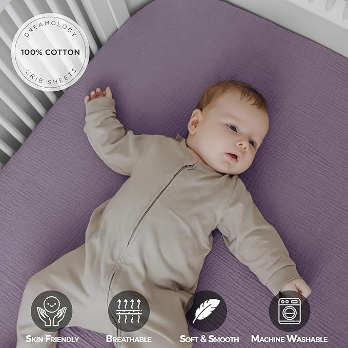 Dreamology Muslin Mini Crib Sheets, Girls, Boys, Soft & Breathable Crib Sheet 2 Pack,100% Cotton Purple Crib Sheets for Mini Cribs, Pack n Play Sheets, 24x38 Mini Crib Sheet Fitted | Purple,Pink