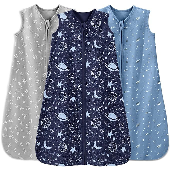 Unnivoll Baby Sleep Sack 12-18 Months 3 Pack 100% Cotton Lightweight 0.5 TOG Wearable Blanket Baby Sleep Bag with 2-Way Zipper for Infant Toddler Blue