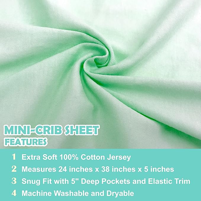 American Baby Company 2 Pack 100% Natural Cotton Fitted Mini Crib Sheets 38" x 24" - Soft & Breathable Small Nesting Portable Sheets, Fits Pack N Play Mattresses, Mint, for Boys & Girls