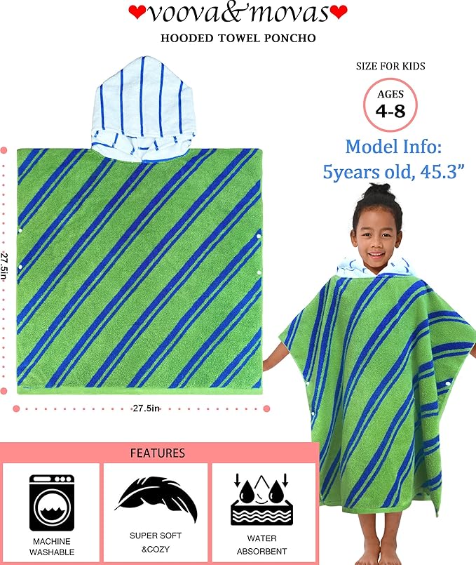 VOOVA & MOVAS Kids Hooded Poncho Towels (4-8Years,27.5"x27.5"),100% Cotton Soft Absorbent Towel for Boys,Perfect for Bathroom | Pool | Beach | Swimming, Jacquard Green Stripe