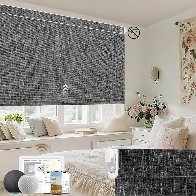 Kincmo No Drill Motorized Blinds with Remote, 100% Blackout Roller Shades for Windows, Custom Electric Blinds Compatible with Alexa, Apple Homekit, Google Home (100% Blackout Classic Dark Grey)