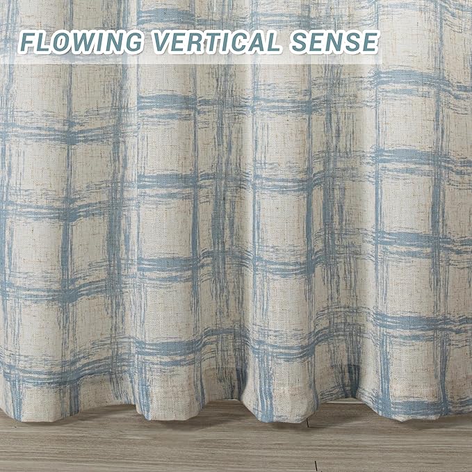 MYSKY HOME Linen Curtains 84 Inches Long, Window Treatment Sets for Living Room Bedroom Linen Blend Drapes, Soft Touch Plaid Room Divider Curtains for Doorways Sliding Glass Door, Blue, 2 PCs