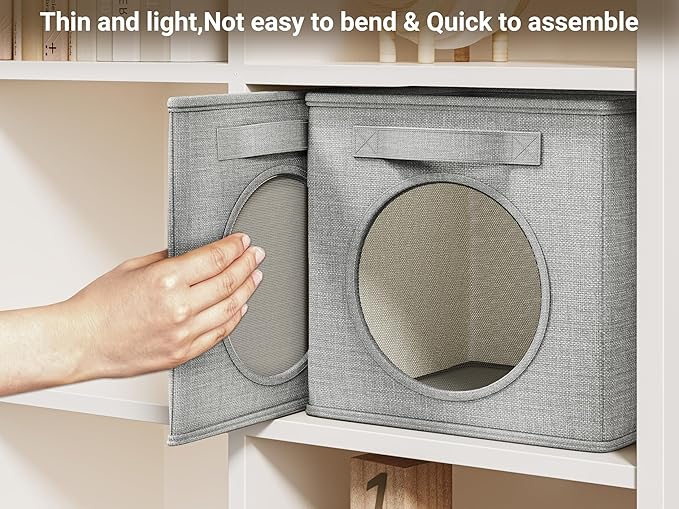 Vailando Foldable Fabric Storage Cube with Round Window - 4 Pack 11"x11"x11" Collapsible Closet Organizer Bins for Clothes, Shelves, Offices, Laundry & Misc, Light Gray