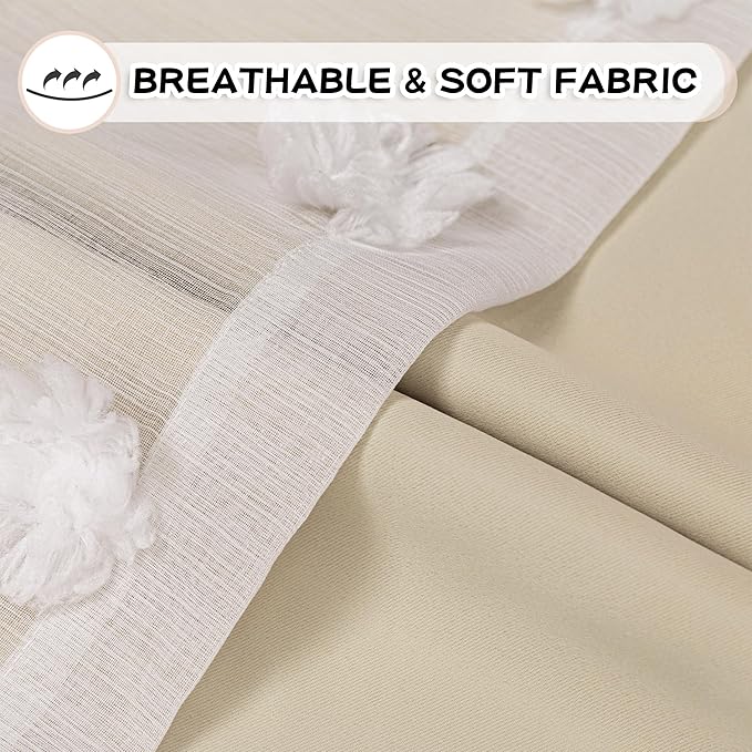 MYSKY HOME Kids Curtains for Girls Bedroom Double Layer Curtain for Daughter Room 72 Inches Long Pom Pom Sheer Drapes Beige Curtains for Living Room Grommet Room Darkening Panels W52 X L72