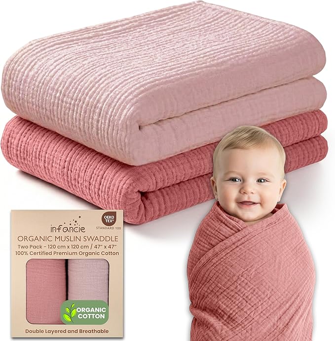 100% Organic Cotton Muslin Baby Blanket - 47 x 47 Inch Breathable Muslin Baby Girl Blanket, Hypoallergenic Double-Layer, Soft and Cozy Newborn Baby Blanket for Everyday Use (Rose/Peach)