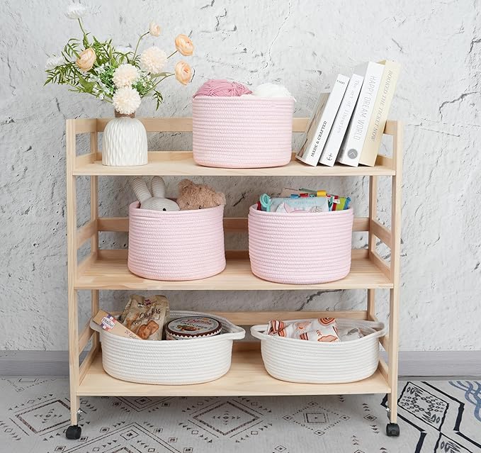 Woven Cotton Rope Storage Baskets - 3-Pack Round Bins (10x10x7'') for Shelves, Closets & Bookcases | Durable Rope Organizers for Nursery, Baby, Toys, Easter & More (pink)