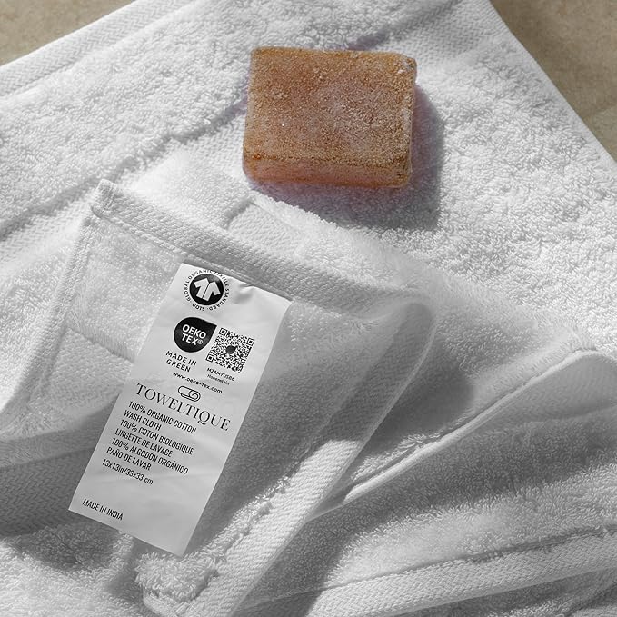 Organic Cotton Wash Cloths Plush Feather Touch Quick Dry Wash Cloths Pack of 12 GOTS & Oeko- TEX Certified | Premium Soft, Absorbent, Small Hand Face Towels Wash Rags– White