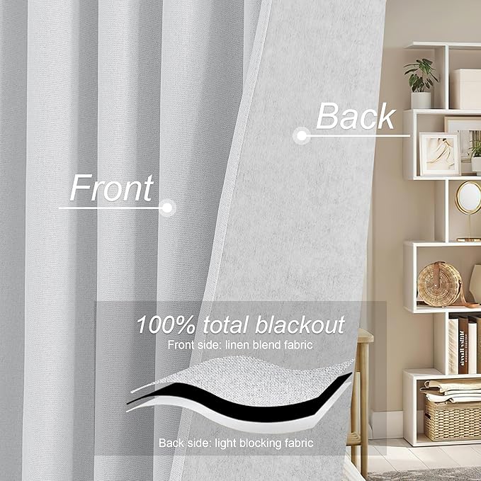 RYB HOME 100% Blackout Flax Linen Curtains 90 inches Long, Rod Pocket & Back Tab Light Block and Thermal Isolated Drapes, Suitable for Living Room & Nursery, Set of 2, W52 x L90, Greyish White