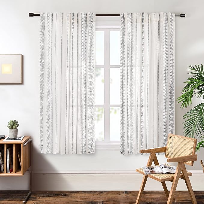 MEETSKY Boho Curtains Geometric Semi-Sheer Cotton Curtains 2 Panels Back Tab Curtains 63 Inches Long Light Filtering Printed Window Drapes for Living Room Home Decorative Drapes for Bedroom