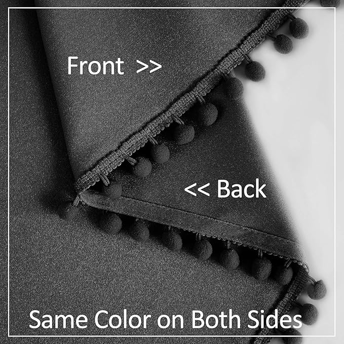 Treatmentex Pom Pom Black Blackout Curtains for Bedroom 63 inch Long Thermal Insulated 100 Full Blackout Window Panels for Living Room Drapes Nursery Kids Guest Room 52" w x2 Panels Rod Pocket