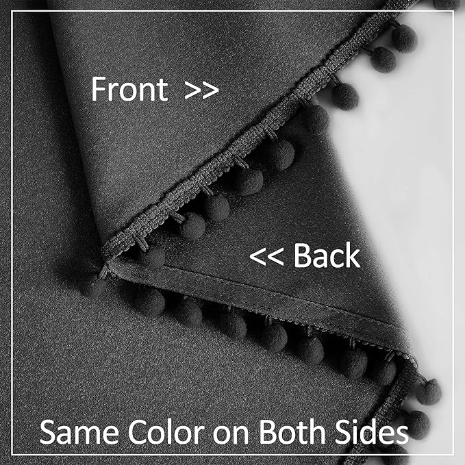 Pompom Blackout Window Curtains 54 Inch Black Thermal Insulated Curtain Drapes for Small Laundry Basement Room Thermal Insulated Curtain Set 2 Panels