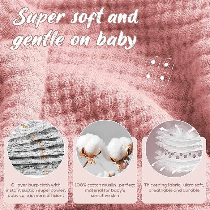 LILY O LAUREL Muslin Burp Cloths, 20"x10"- Pack of 8, 6 Layers Super Soft Absorbent & Breathable 100% Cotton for Baby Drool and Messes, Burp Cloth Baby Boy and Burp Cloths Baby Girl
