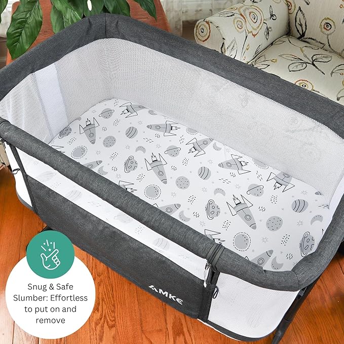 Bassinet Sheets for Airclub, AMKE, LovliTod Baby, Bonbay, Bellababy Bedside Bassinet Sleeper by TansyPanda, 3PC, 20x33 Inch, Ultra Soft, Breathable, Snug Fit, Unisex Boys, Girls, Gray (Space Rockets)